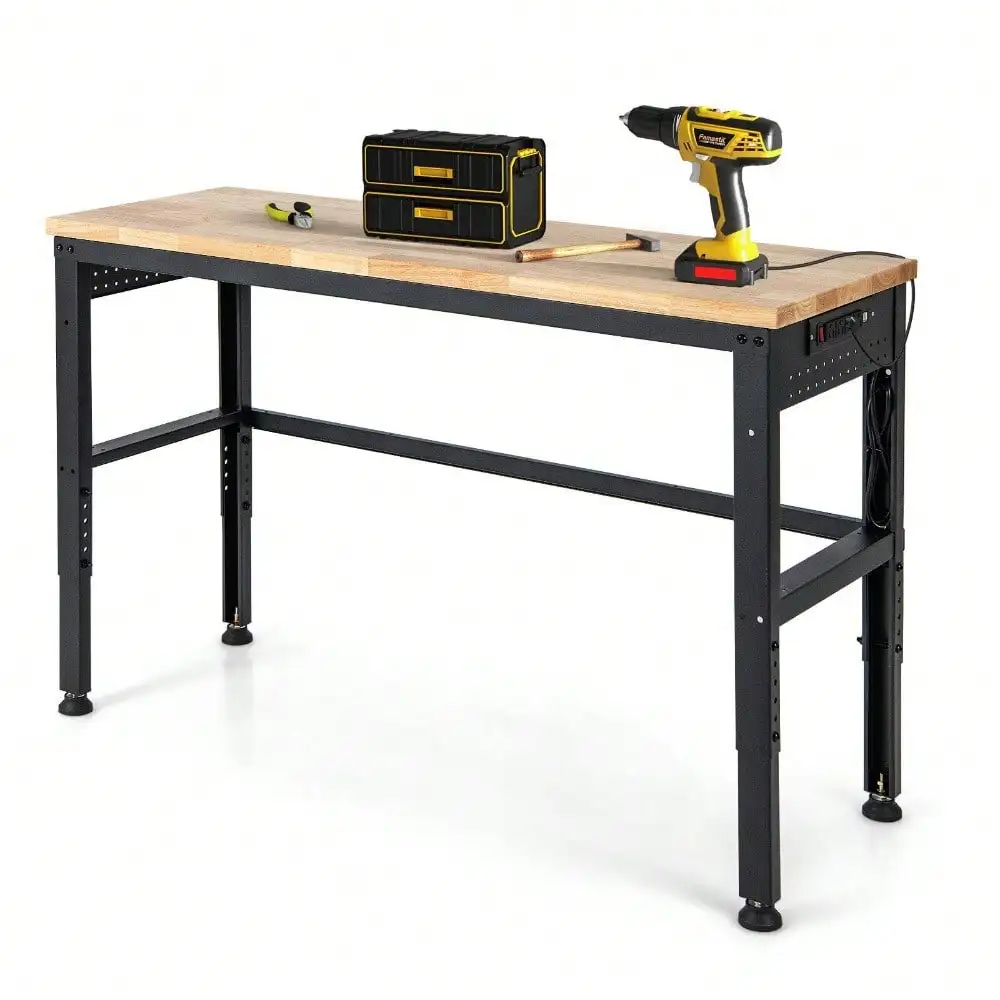 Adjustable Workbench Workstation Rubber Wood Top with Power Outlets