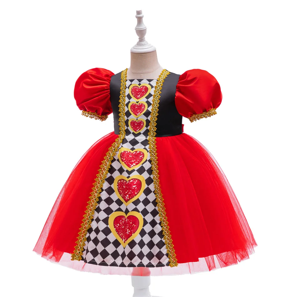 Children Red Queen Costume Set Girl Horror Night in Wonderland Costume Red Heart Black & White Square Party Gown for Halloween