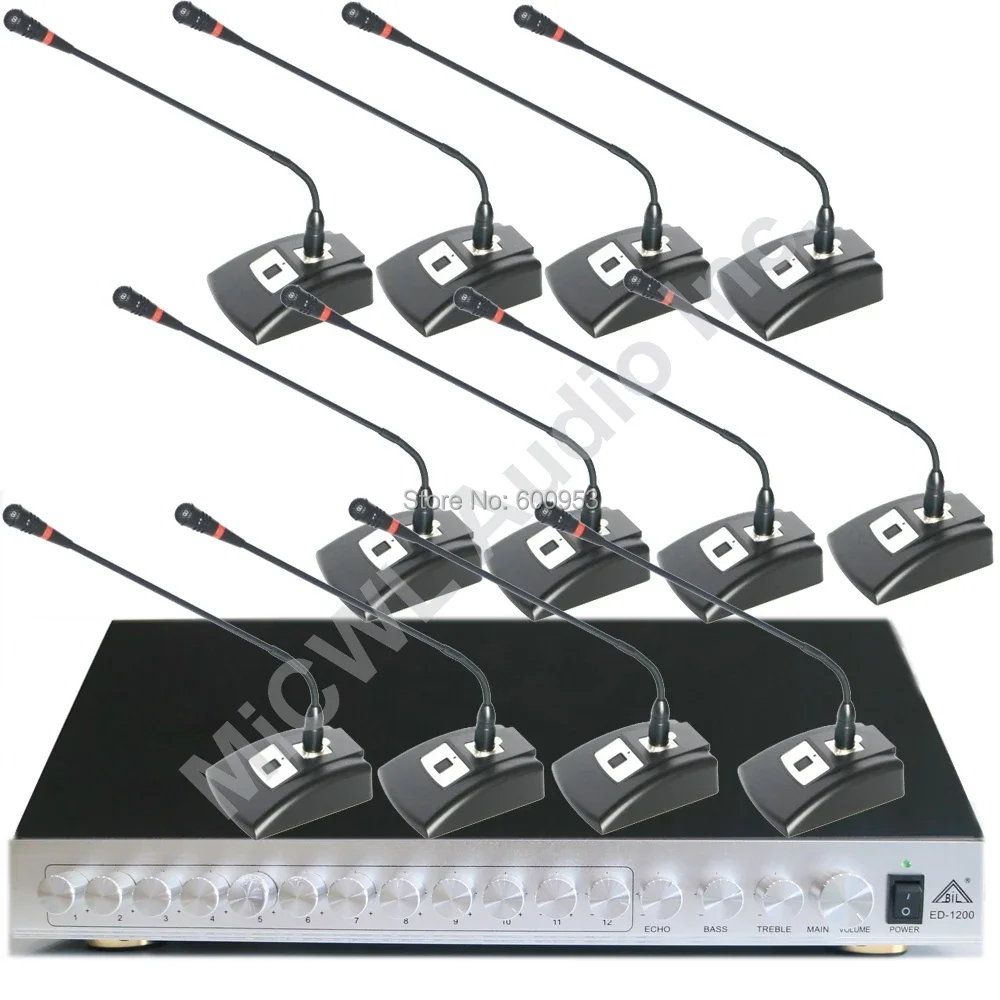 

MiCWL Pro 1–12 настольных микрофонов для конференций на гибкой стойке, микрофонная система, 12 микрофонов для встреч, кабель 5 м, 12 кнопок регулировки громкости ECHO BASS