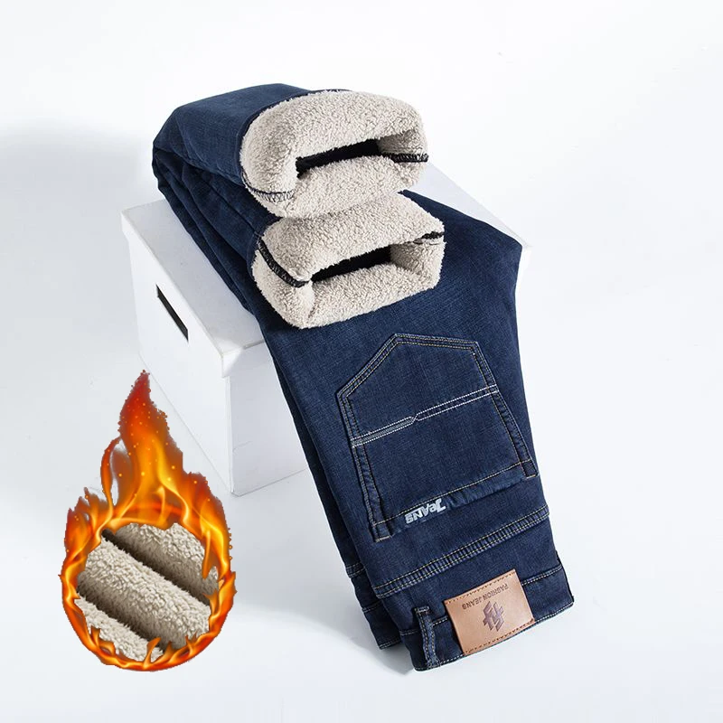 2026 Snow Warm Plush Fleece Business Jeans Men Loose Straight Leg Thickened Warm Trousers Male Casual Commute Denim Pants