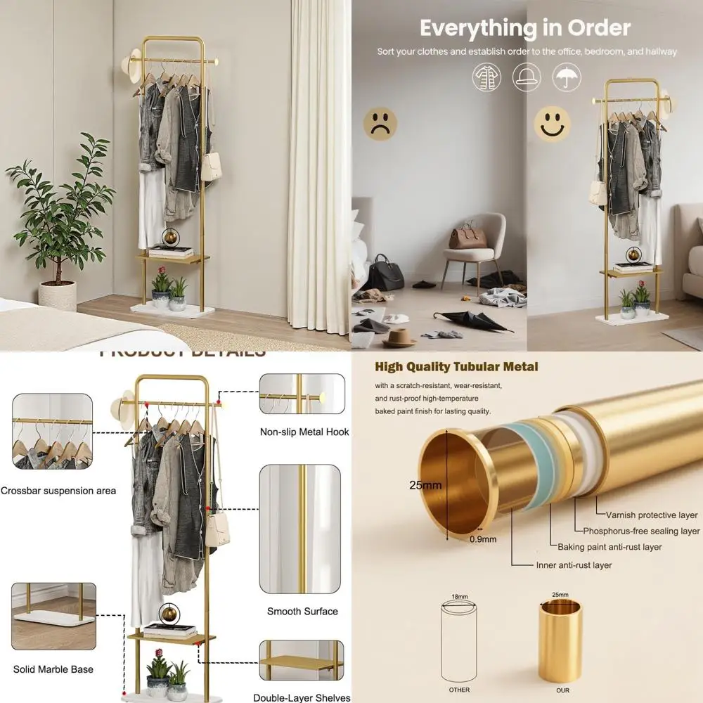 

Freestanding Gold Coat Rack with Metal Shelves & Natural Marble Base, Compact Clothes Organizer for Home