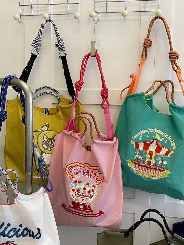 Embroidered Dopaamine  Shopping Bag Handbag Oxford Cloth Bag Nylon Single Shoulder Bag Tote Bag Travel Canvas Bag