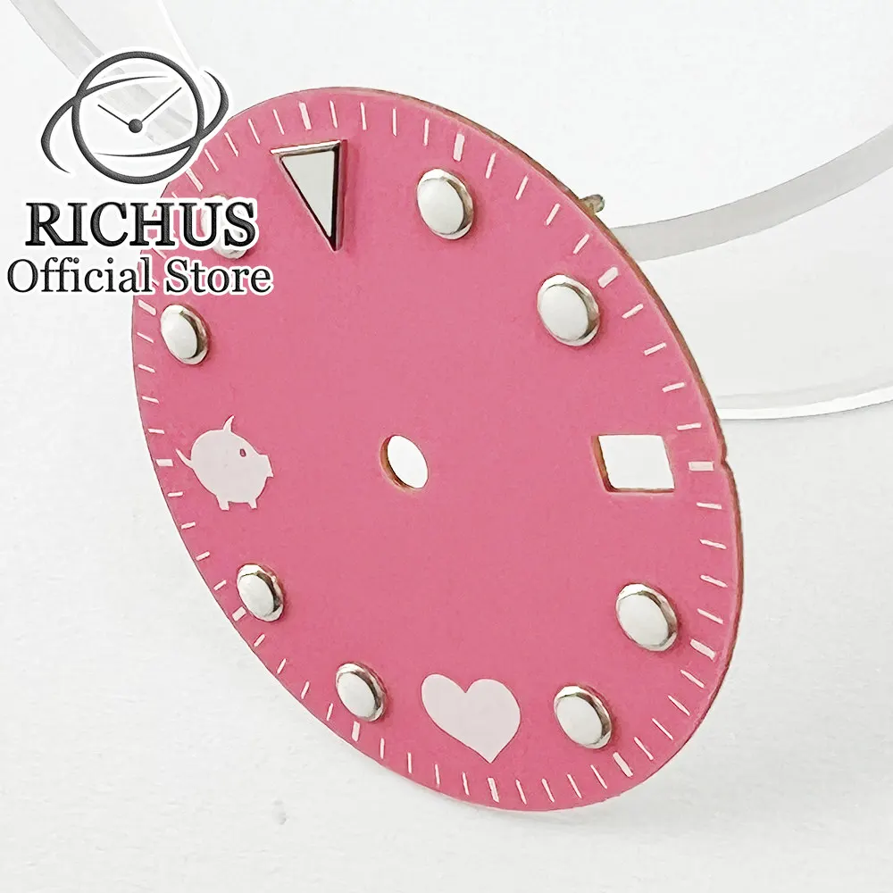 RICHUS NH35 28.5mm Green Luminous watch Dial Pink Watch face Fit NH35 Movement
