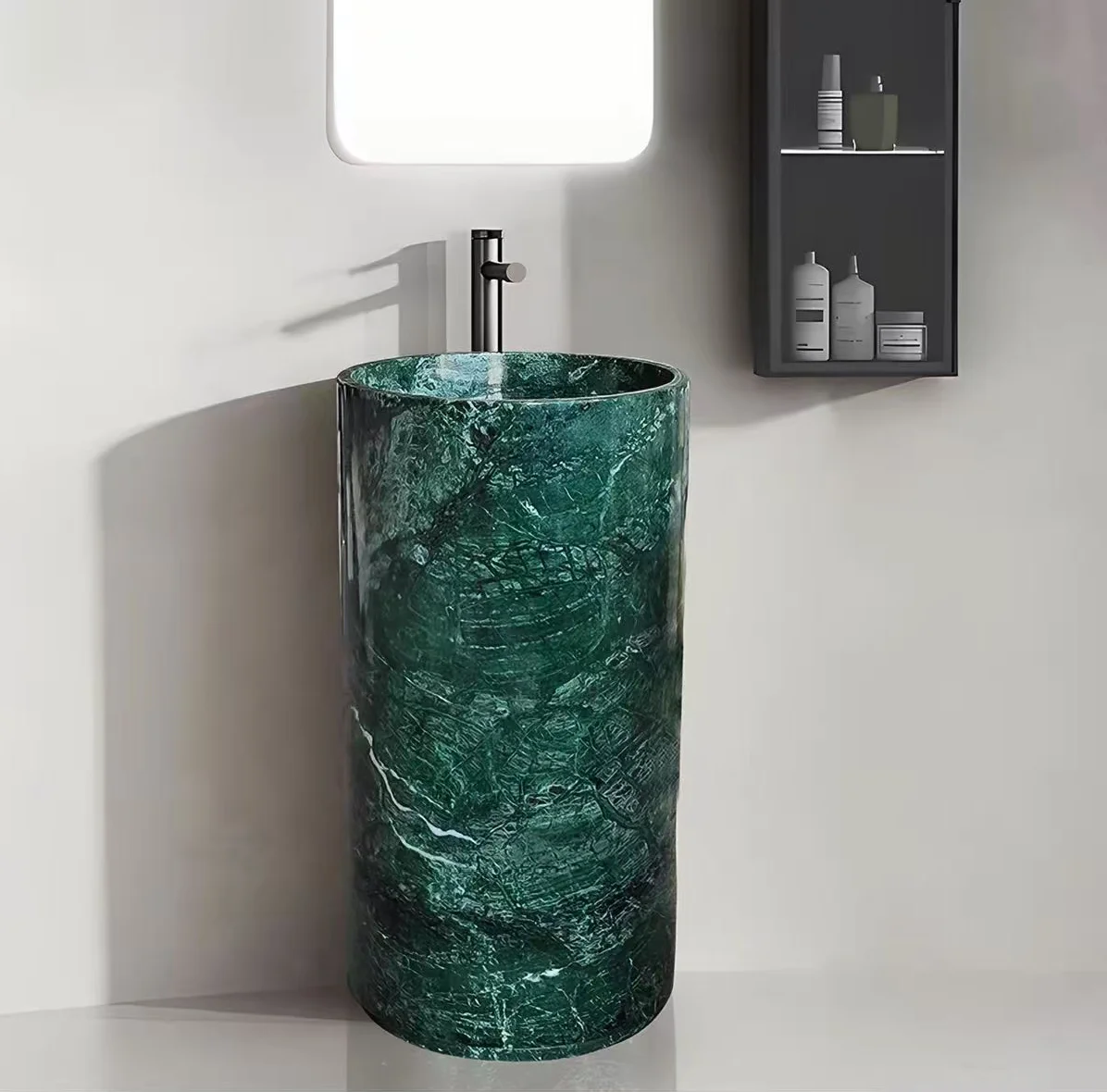 Modern Standing Pedestal Hand Wash Basin Sink with Polished Natural Green Marble Stone Hotel Drainer for Bathroom Use
