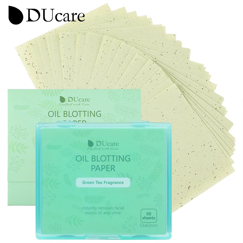 DUcare Oil Blotting Sheets for Face, 100Pcs Green Tea Oil Absorbing Sheets Paper For Oily Skin with Mirror Case & Makeup Puff