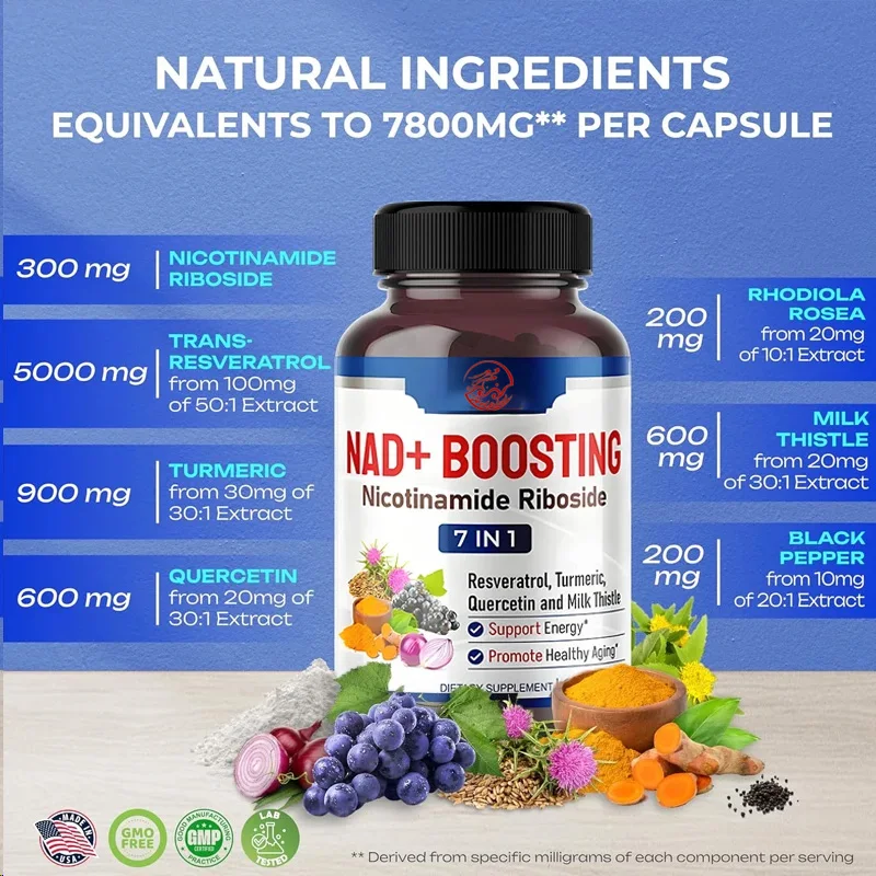 NAD+Nicotinamide Nucleoside NR, Trans Resveratrol Quercetin Support Cellular Energy Health Aging 60 Capsules