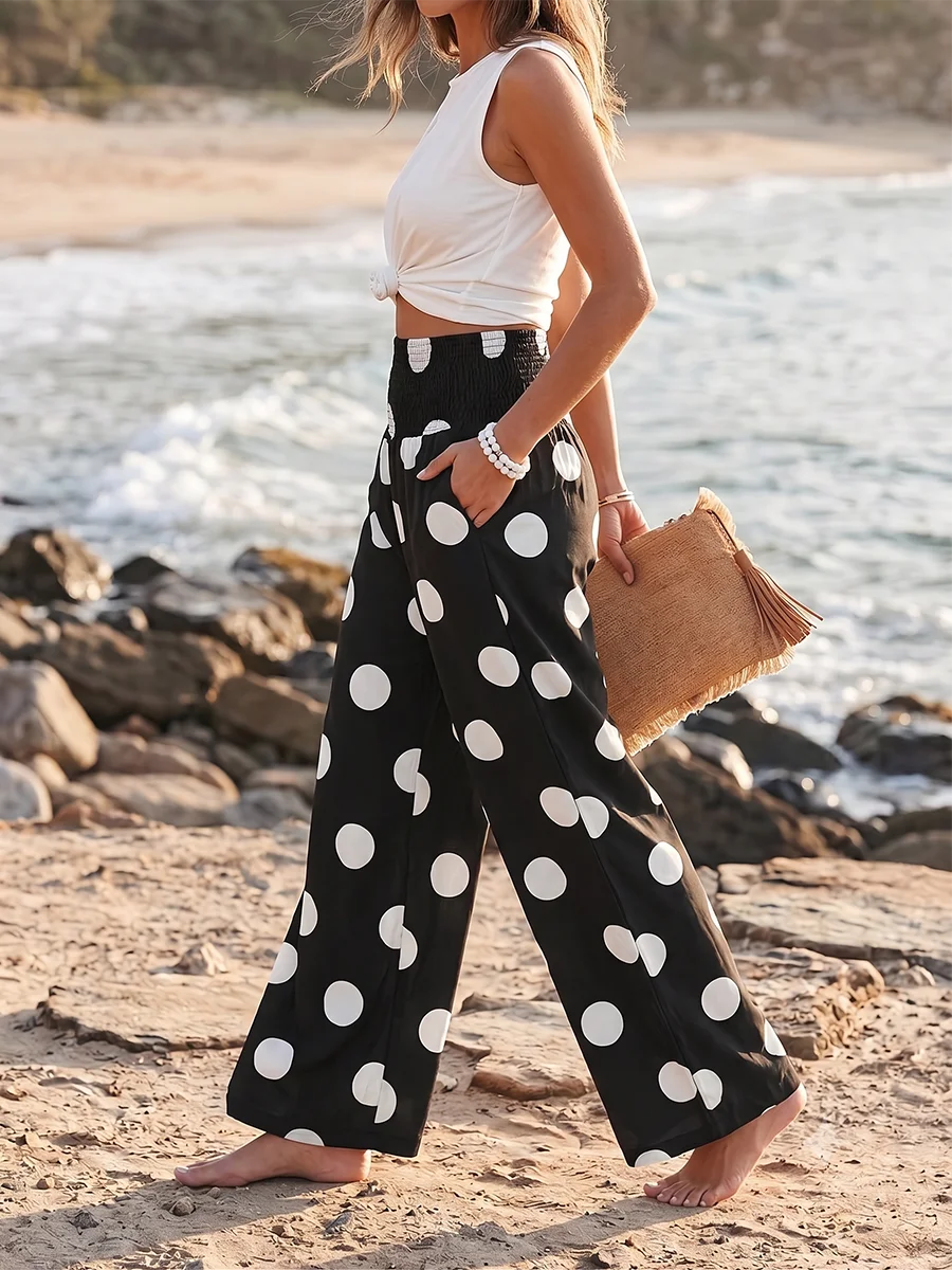 Hochgeschnittene Damen-Hose mit Polka-Dot-Muster, Weites Bein, Elastischer Bund, Palazzo-Stil, Schicke Sommer-Strandhose, Boho Casual Lange Hose – Detail 2