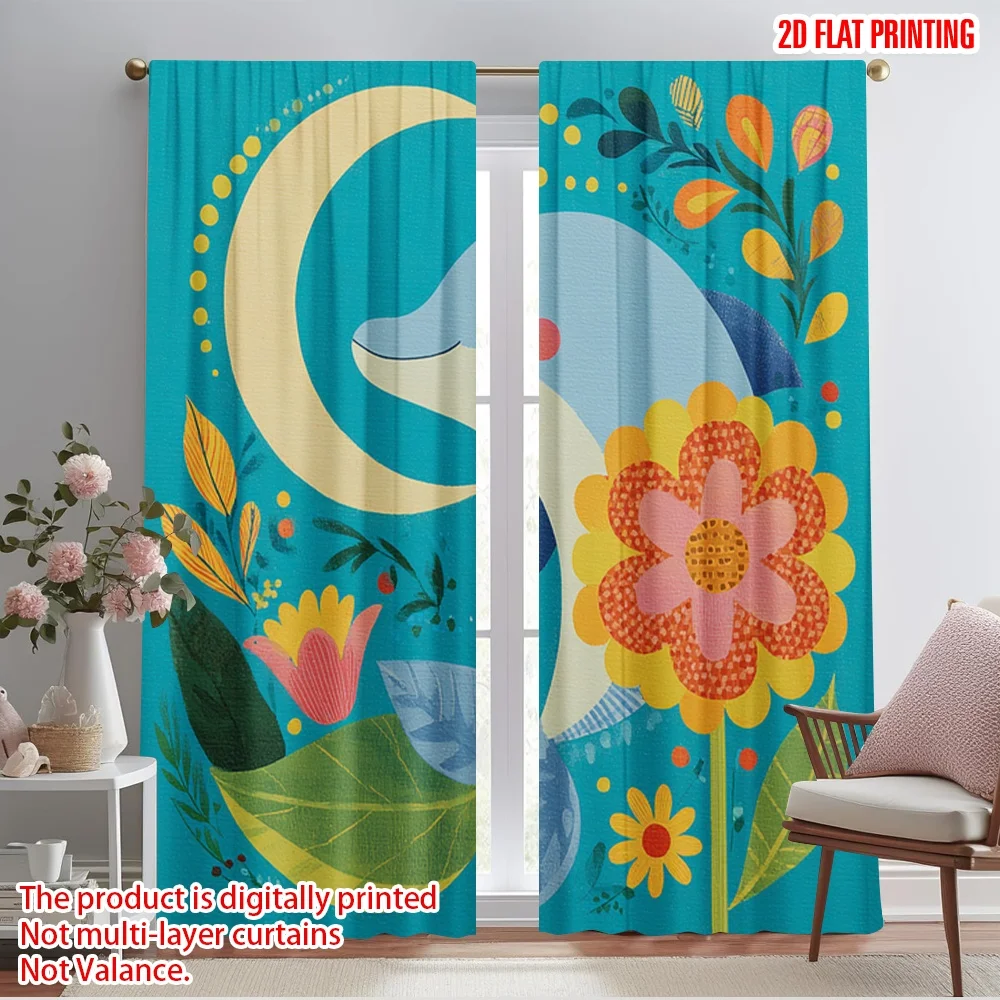 

2pcs 2D flat printing Drapes Blue Dolphin Moon Flowers Polyester Without Electricity Festive Holiday Use for Yard & Garden No