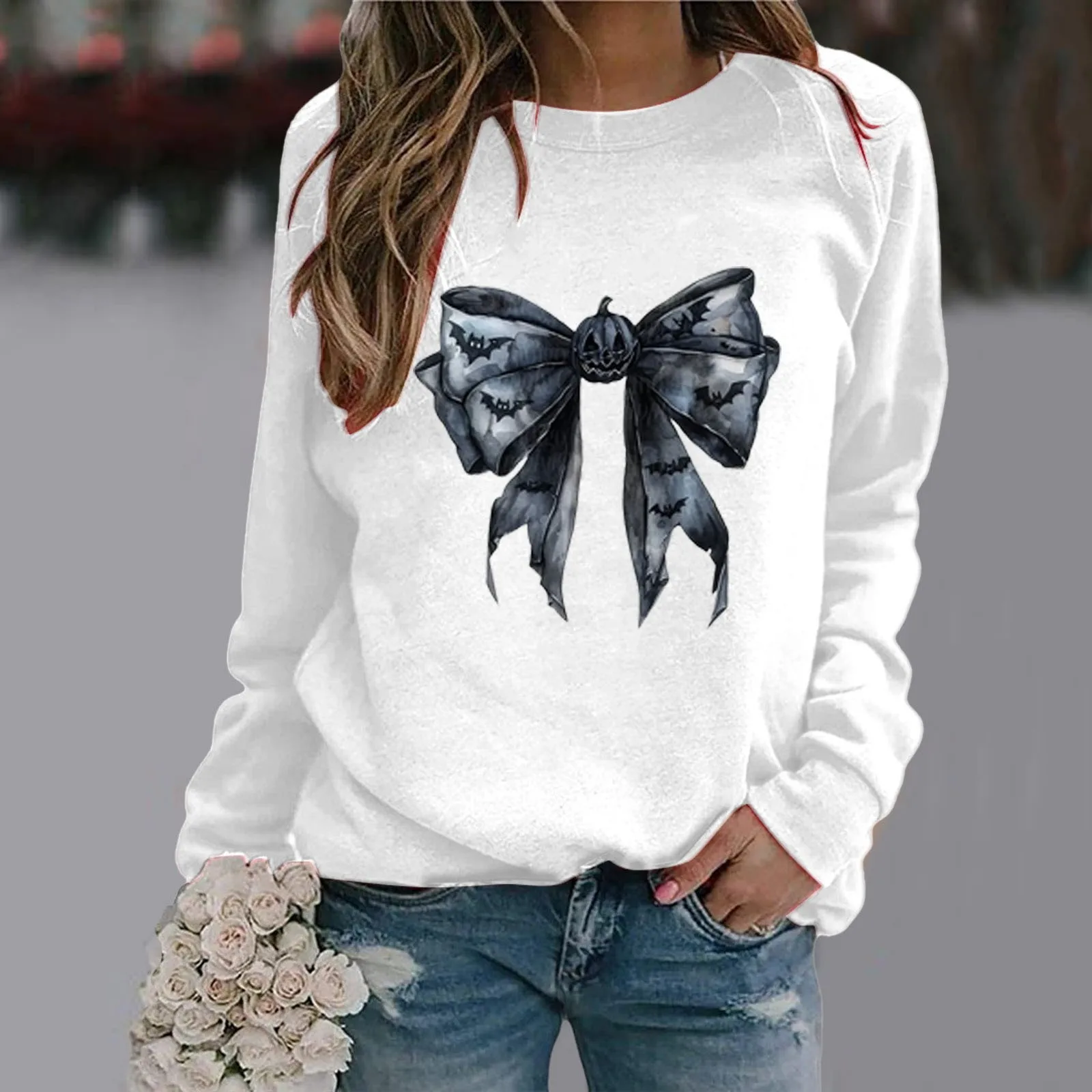 

Halloween Costume Pumpkin Printed Sweatshirt Women's Fashion Hoodless Sweatshirt Long Sleeve Crewneck Sweatshirt Top sudaderas