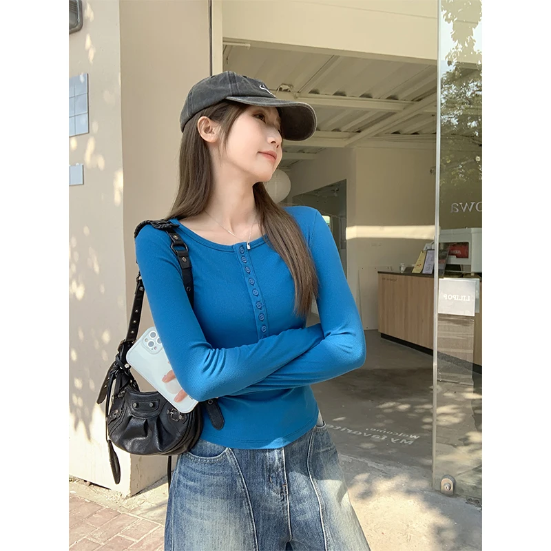 

Нишевый дизайн, рубашки с тонким низом, женские облегающие женские сексуальные укороченные топы с длинным рукавом Y2k, короткая футболка с круглым вырезом для горячих девушек, однотонная