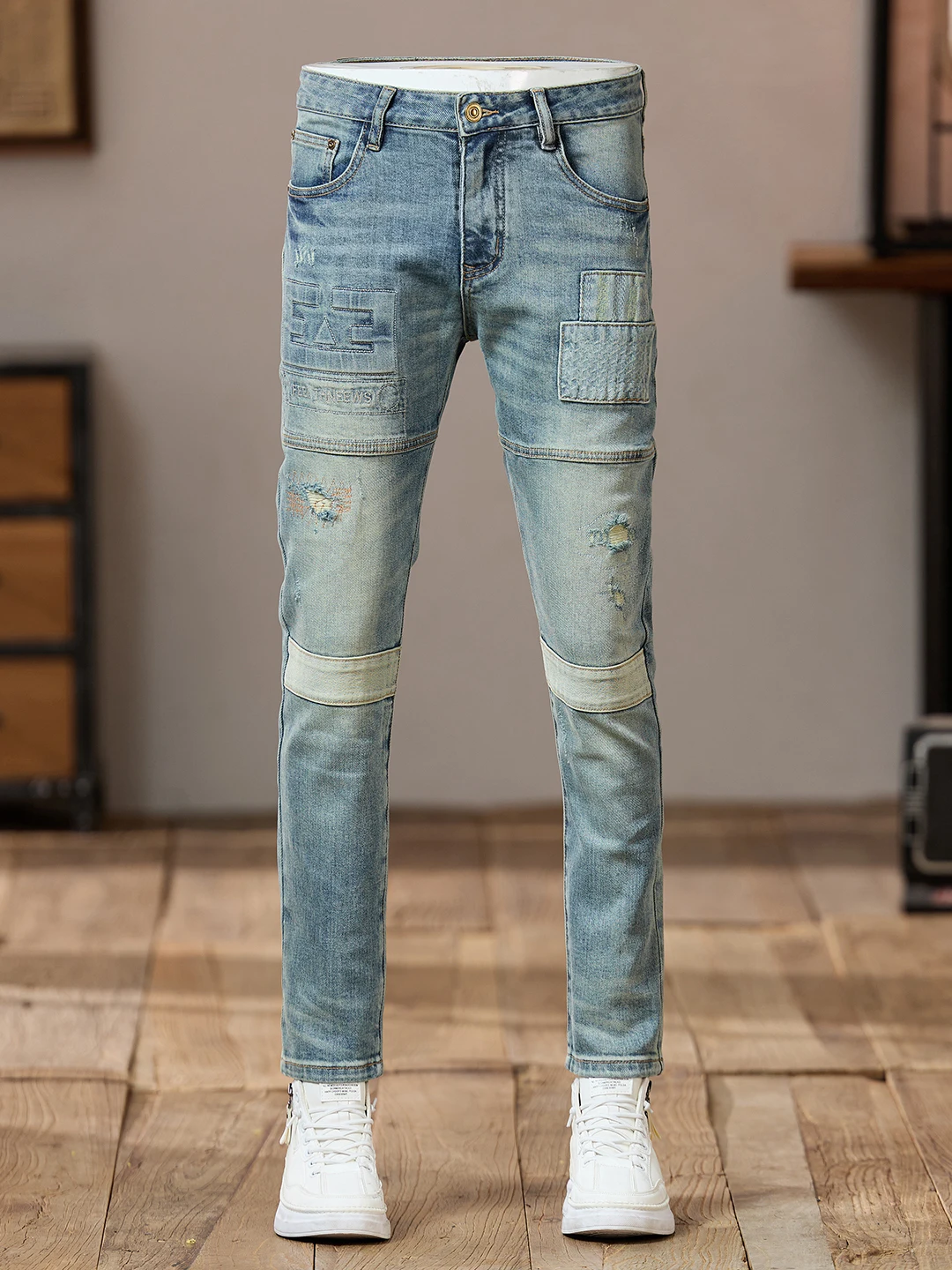 

Trendy European Sle Men's Slim Fit Jeans Cotton Stretch Denim Pants with Patchwork And Wear Resistant Casual Long Trousers