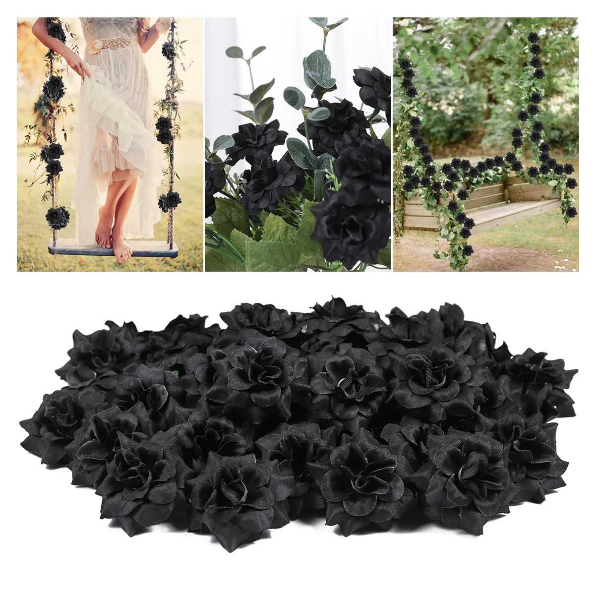 

50pcs Artificial Rose Flower Heads Black Silk Lifelike Blooms For Wedding Decorative Craft Bouquet Hair Accessories