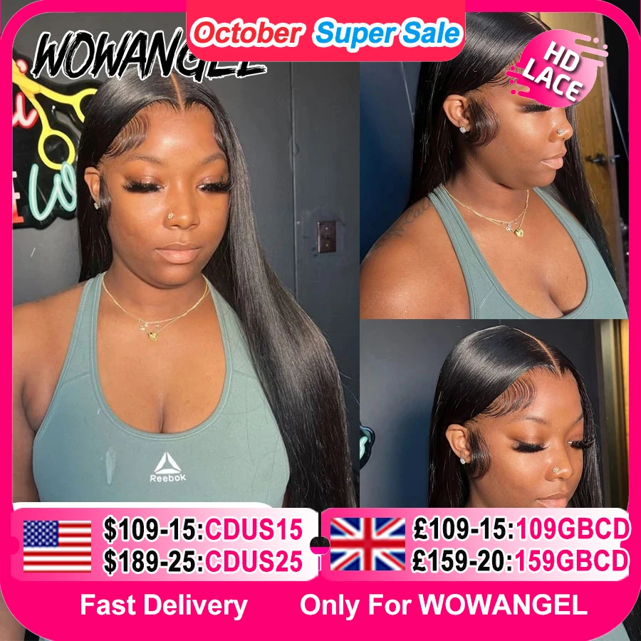 WowAngel 250% Pre Candeggiato 13x6 HD Parrucche Anteriori Del Merletto 34in Glueless Parrucche Dei Capelli Umani Lisci Pre Pizzicate Capelli Brasiliani Per Le Donne