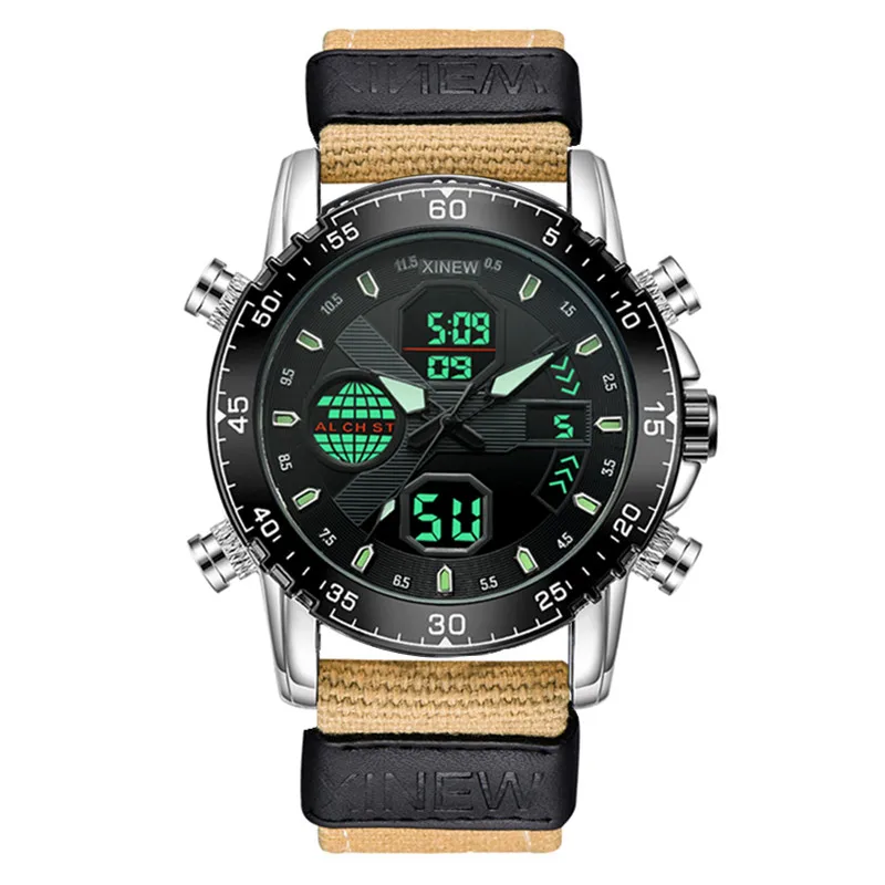 1 pz/lotto XINEW Marca Dual Time Orologi Per Gli Uomini di Modo Casual Fascia di Nylon Sport Militare Orologio Digitale Nero Montre Homme 2025