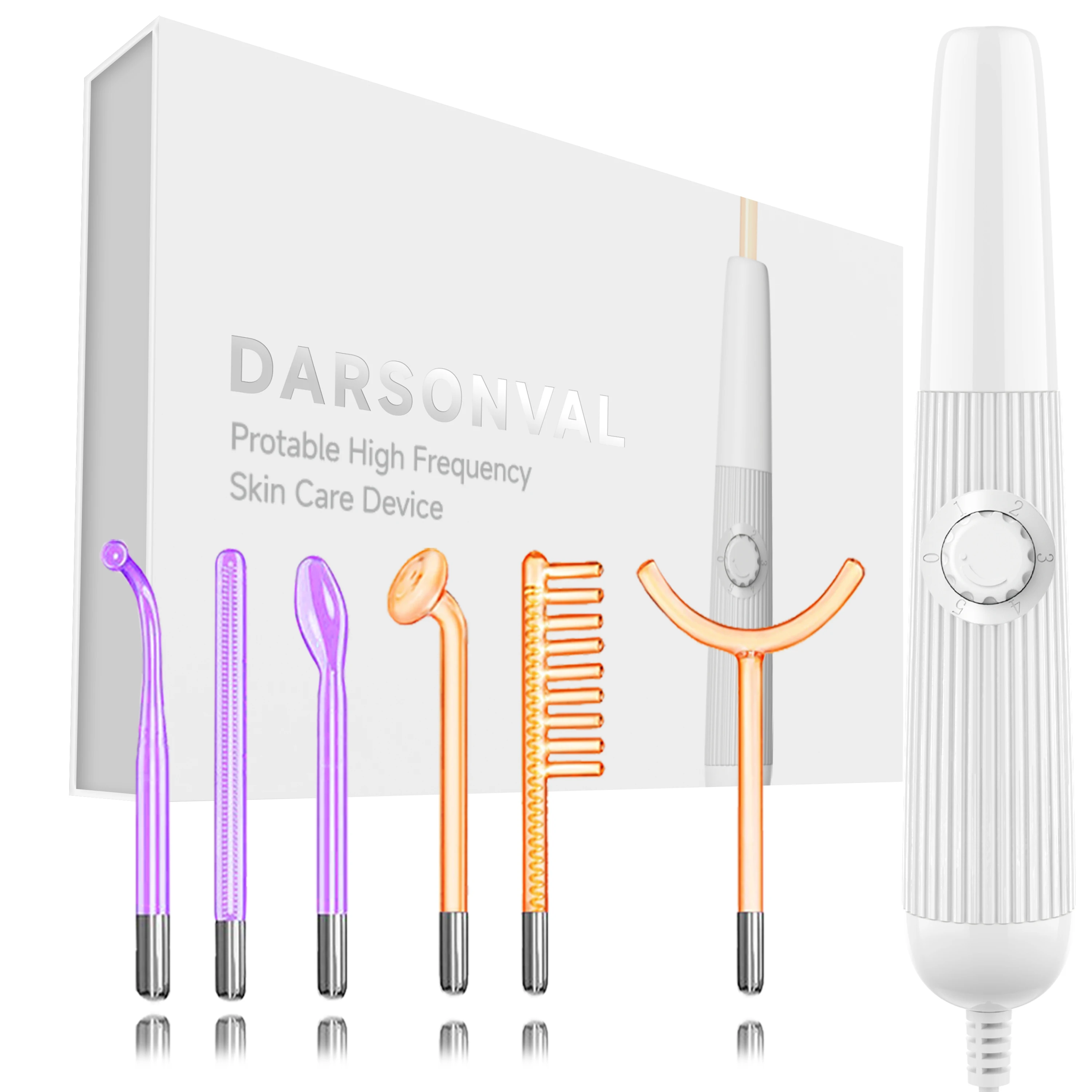 מכונת פנים תדירות גבוהה חדשה של Darsonval לטיפול בעור עם 6 מקלות נאון וארגון להסרת קמטים ואקנה