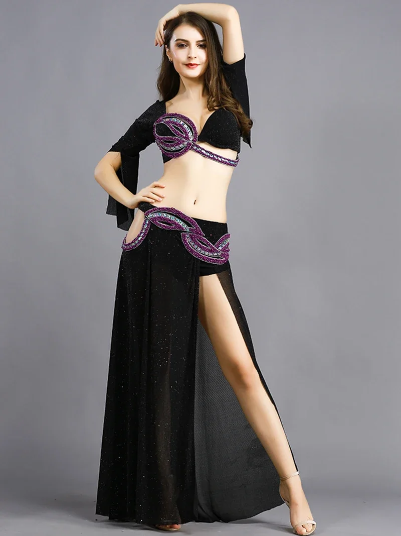 Purple Women Belly Dance Mesh Flash Diamond Practice Suit Eastern Dancing Costume Classic Party Practice Group Dancewear