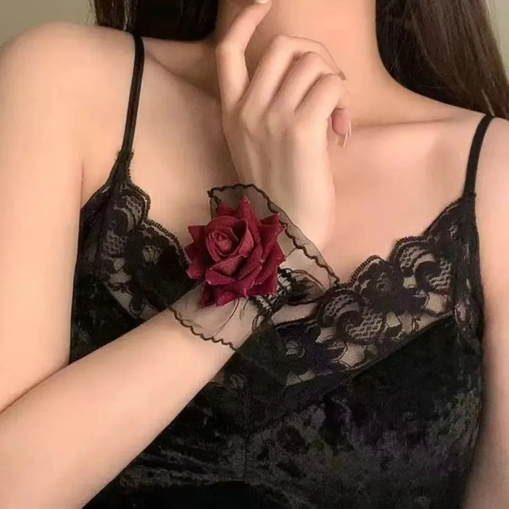Lolita Red Stereo Rose Flower Bracelets for Women Dark Halloween Party Gothic Lace Wristband Accessories Romantic Jewelry Gifts
