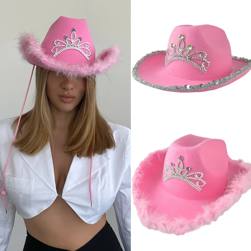 Y2K Pink West Cowgirl Hats for Women Cow Girl Hats Tiara Feather Felt Western Sequin Cowboy Hat Costume Party Play Dress Caps