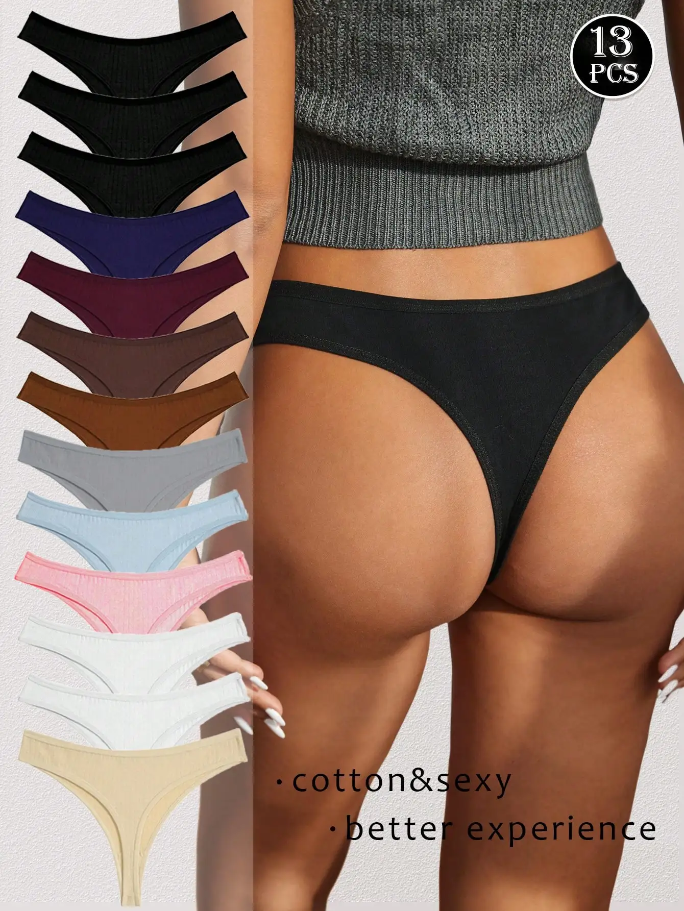 

13 Pcs Cotton Casual-Sporty Casual-Comfy Letter Plain Low Rise Thongs For Women