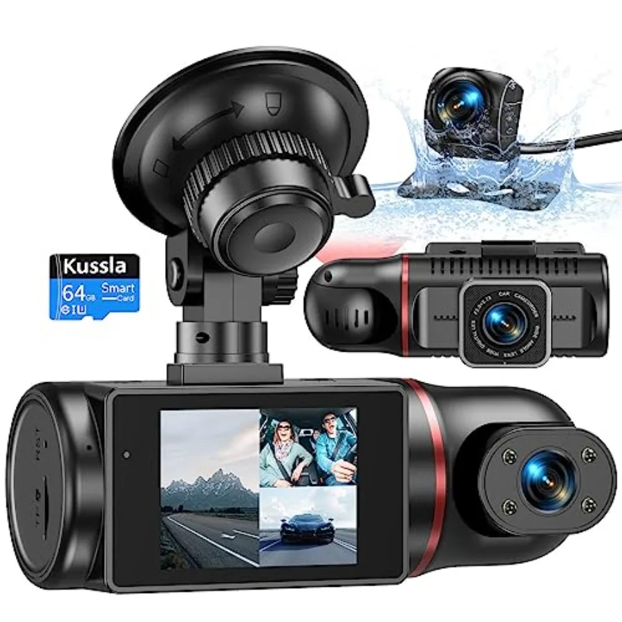 

Car dash cam system with front and rear interior 1080P 3-channel recording, black housing, super night vision, loop recording,