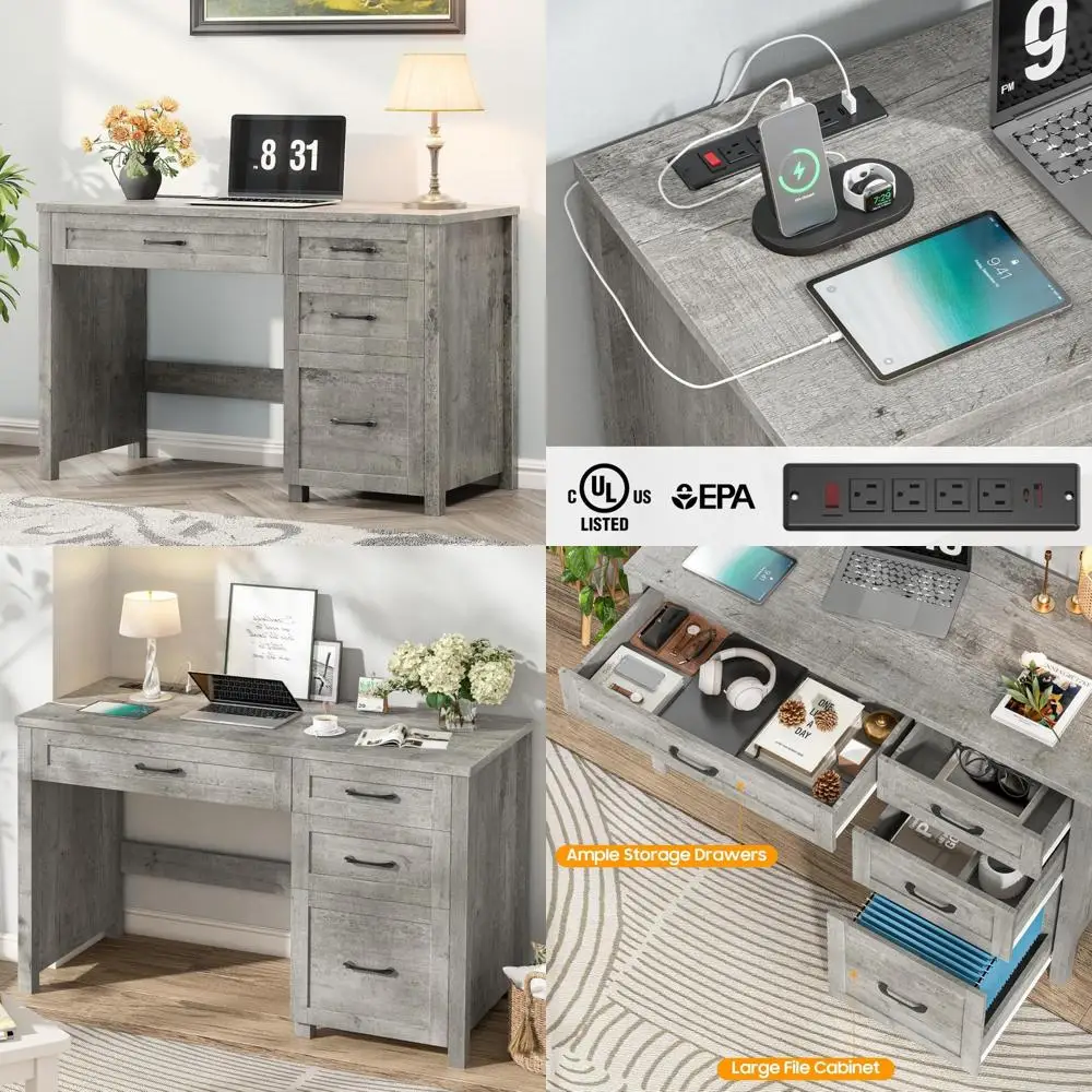 "47" grey home office desk with file drawer and charging station for executive workstation