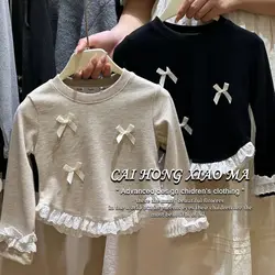 Baby Girls T-shirt Fashion Long Sleeve Bowknot Lace Spliced 2024 Autumn New Korean Style Childrens Shirts