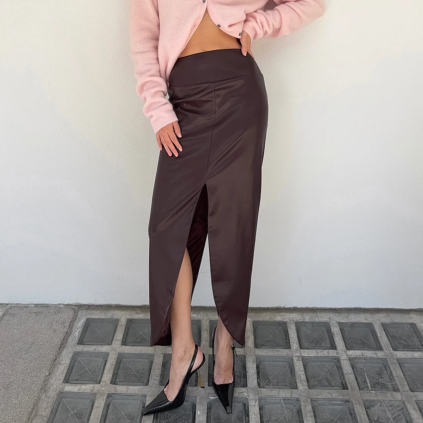 Linad Sexy Wine Red High Split Long Skirts Woman 2026 Street Chic Zipper Asymmetrical Skirt Elegant Slim High Waist Skirts Lady