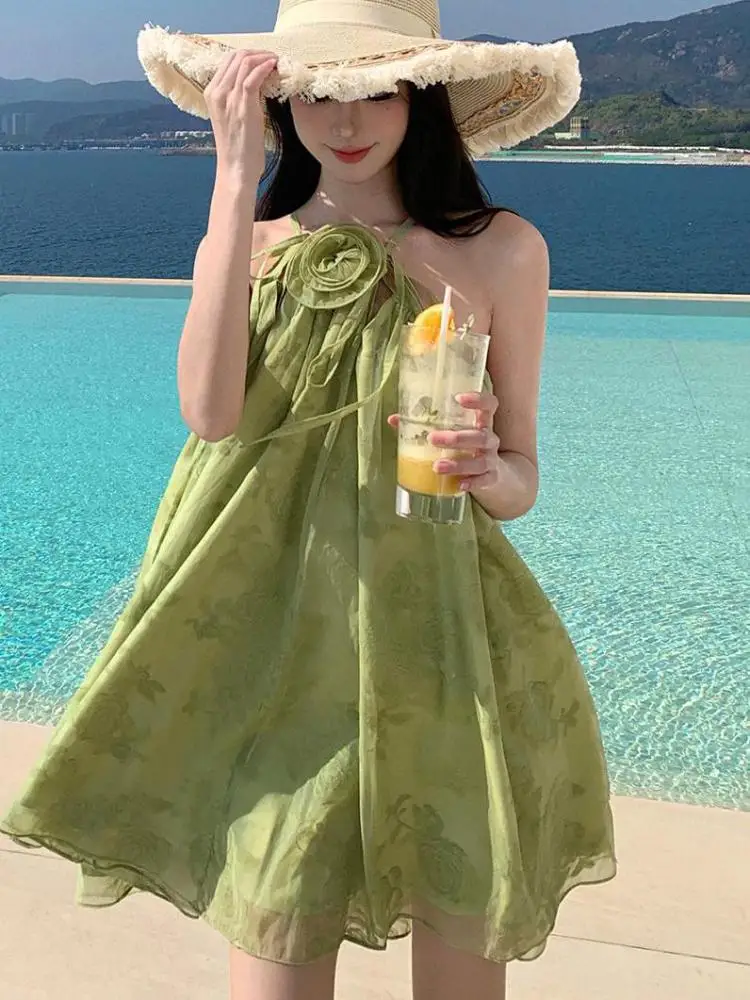 

Vintage Women Green Embroidery Elegant Off Shoulder Pleated Halter Short Dress Summer Sexy Club Sleeveless Vacation Mini Dresses