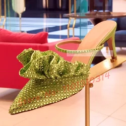 Green Crystal Ruffles Sandals Med Heels Women Sparkly Pointed Toe Slingback Sandals Luxury Ladies Elegant Bling Satin Sandals