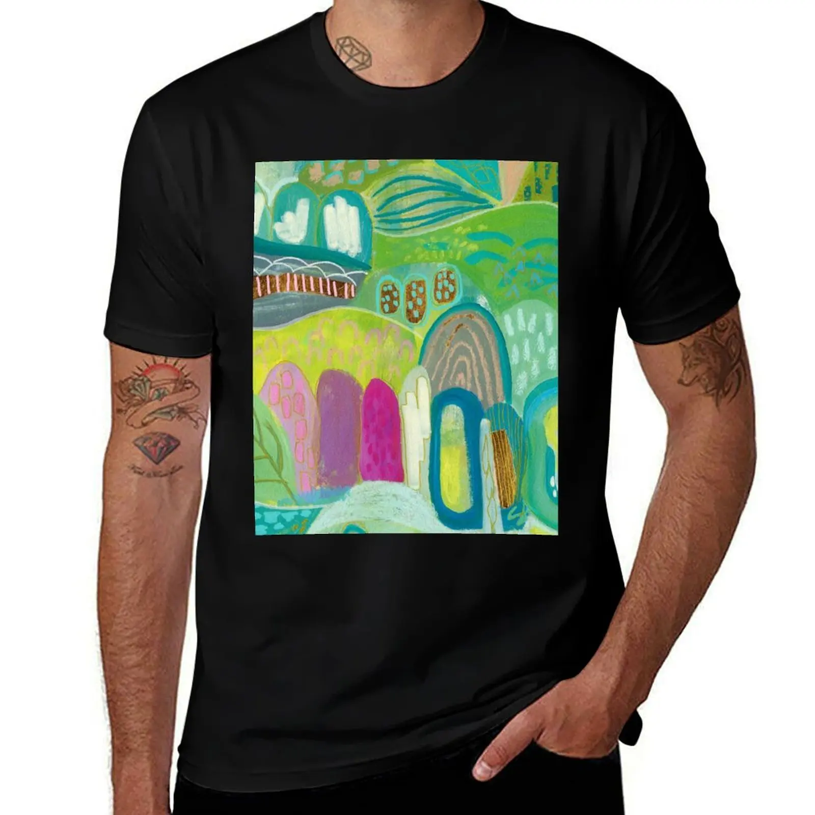 Green Blue Abstract Village T-Shirt Lightweight Sport Basic T-Shirt