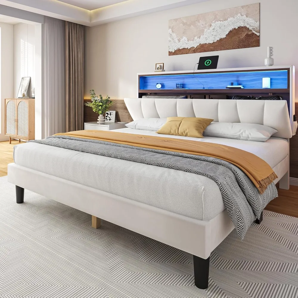 

LED Queen Size Bed Frame with Storage, Platform Beds with Outlet & USB Ports, No Box Spring Needed, Easy Assembly, Bed Frame