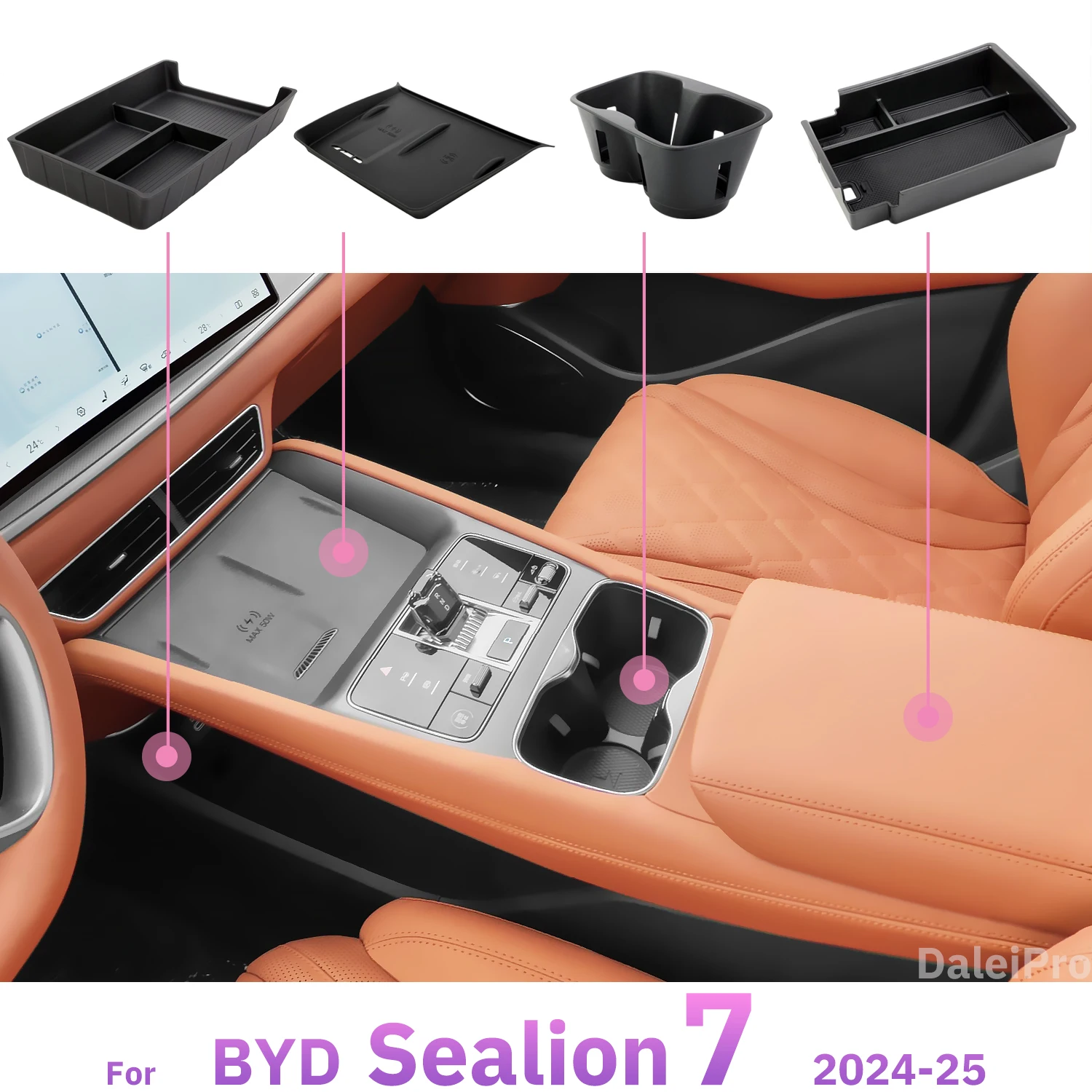 

For BYD Sealion 7 2024 2025 Center Console Lower Storage Box Armrest Storage Box Cup Holder Charging Panel Pad for Sea Lion 07