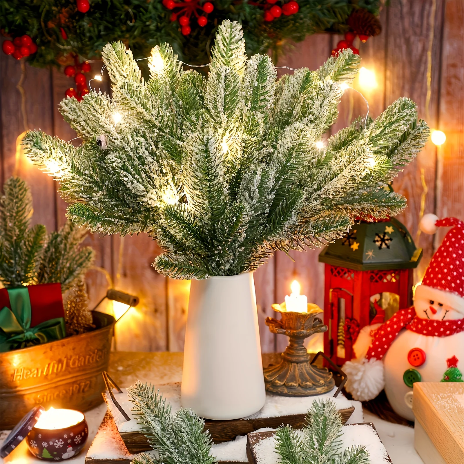 Packung mit 15–30 schneefrostbeschichteten künstlichen Tannenzweigen – 10 Zoll Weihnachtsferien, simulierte Grünpflanzen für Heimwerker zu Hause – Detail 3