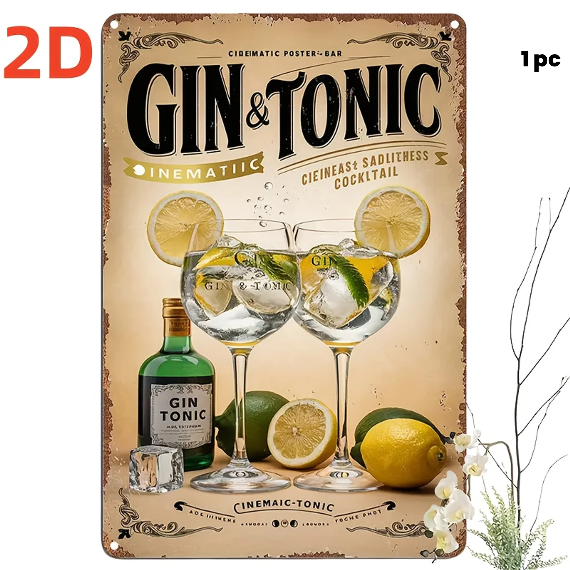 Letrero Metálico Vintage de Gin & Tonic - 1 Pieza, Diseño de Rodaja de Cítrico con Hielo, para Hogar, Bar, Cafetería, Garaje, Regalo Ideal para Fiestas