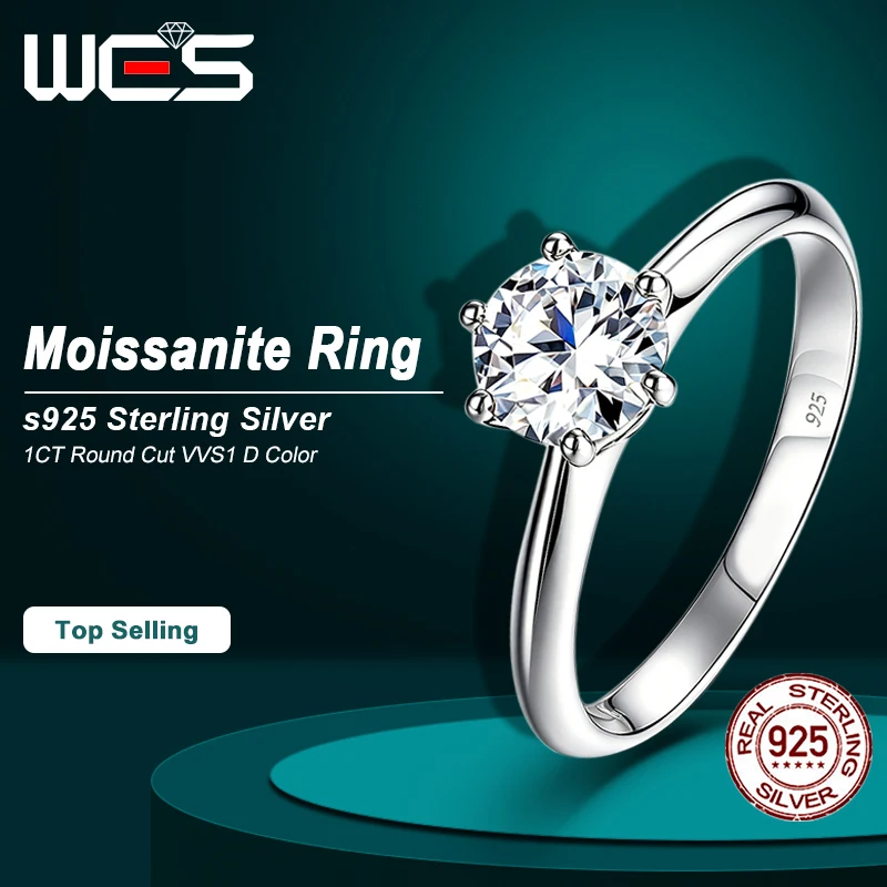 WES 1CT D Color VVS1 Moissanite Ring 925 Sterling Silver Six Prong Solitaire Engagement Ring For Women Fine Jewelry Wholesale