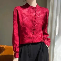 New Chinese Style Jacquard Top Women's Long Sleeved Stand Collor Pullover Shirt 2026 Spring Autumn Female Retro Shirt And Blouse