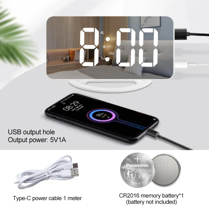 Creative LED Vibration Alarm Clock Dual Mode Mirror Photosensitive Light Alarm USB Charging Automatically Adjust Brightness