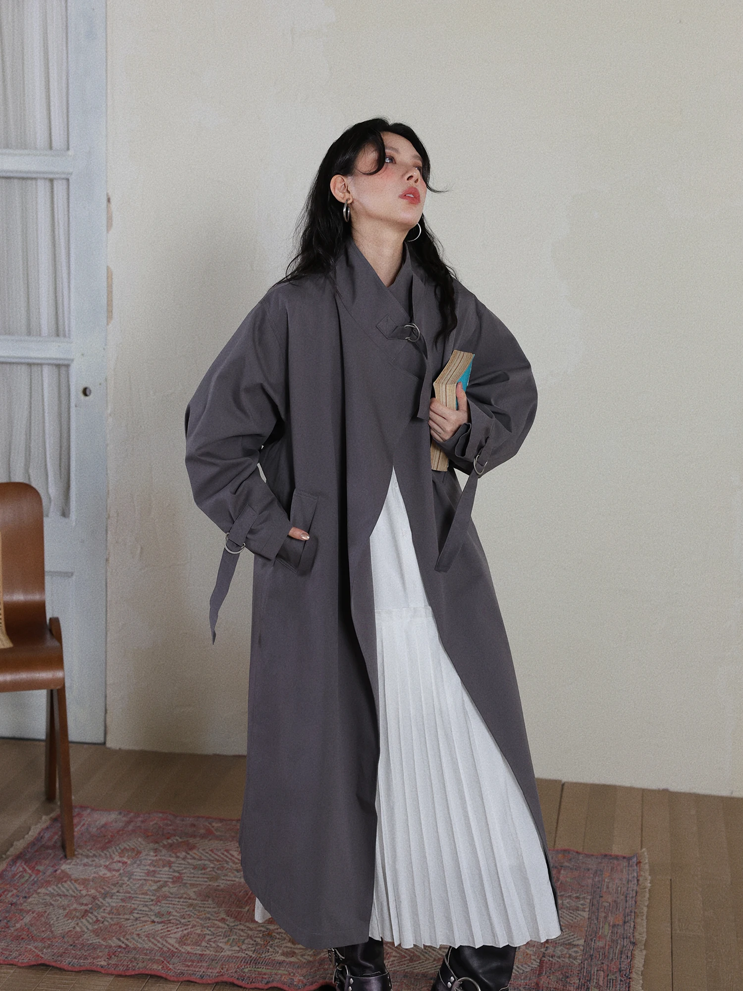 

Повседневное длинное хлопковое пальто DR для женщин, осенняя верхняя одежда, стильный дизайн, на пуговицах, свободный крой, длинный рукав, для повседневной носки