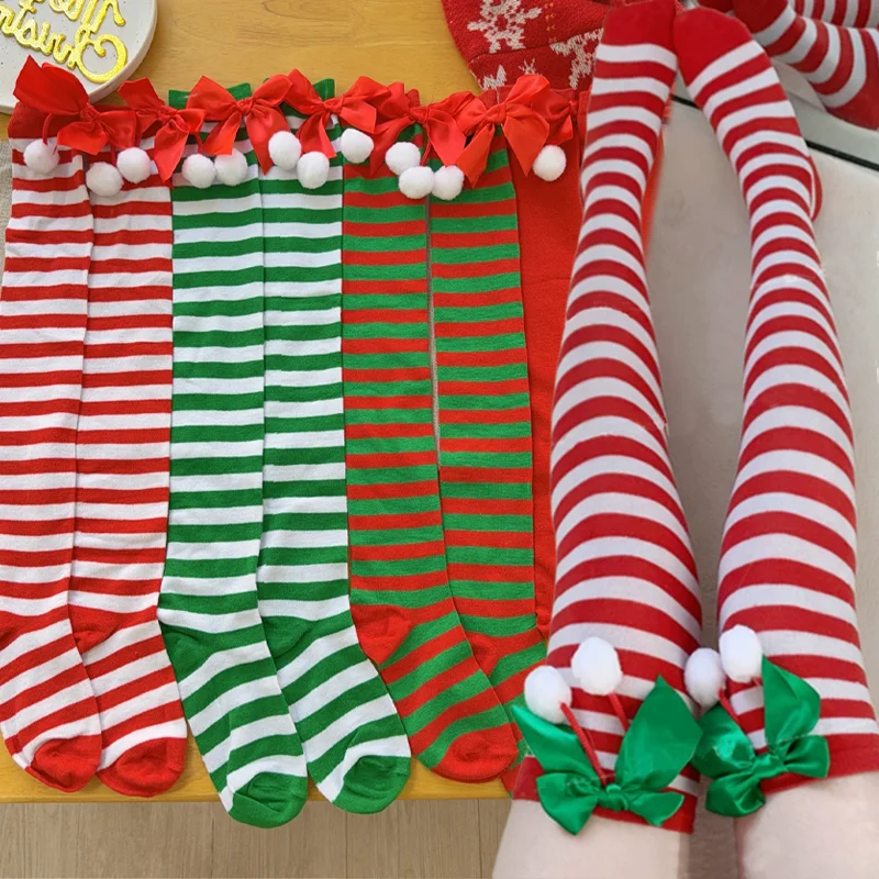 Świąteczne podkolanówki w paski czerwono-zielone, wysokie pończochy do uda, na festiwal, imprezę, cosplay, podkolanówki damskie i dziewczęce, dekoracja świąteczna.