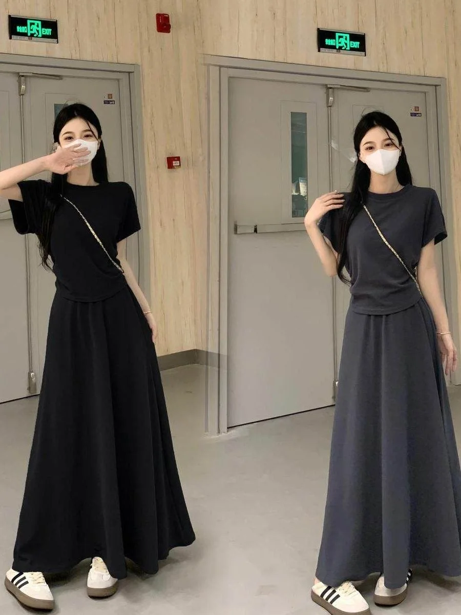 

Slimming Summer Outfit for plus Size Women Casual Chiffon Halter Neck Midi Dress And Top Pear Shaped Body Half Length Skirt Set
