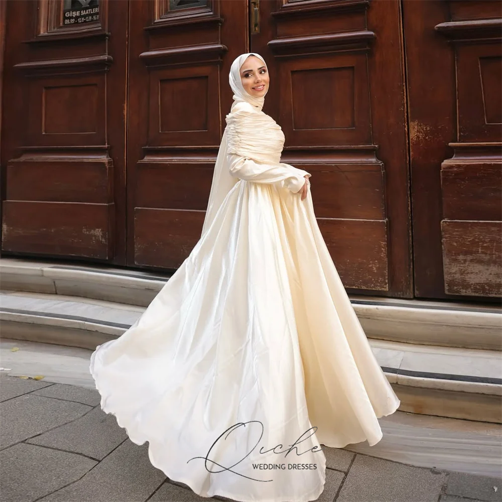 QICHE Bescheiden Moslim A-lijn Trouwjurken Vrouwen 2026 Plooi Lange Mouwen Satijn Parels Party Gown Vestidos De Novia Aangepaste
