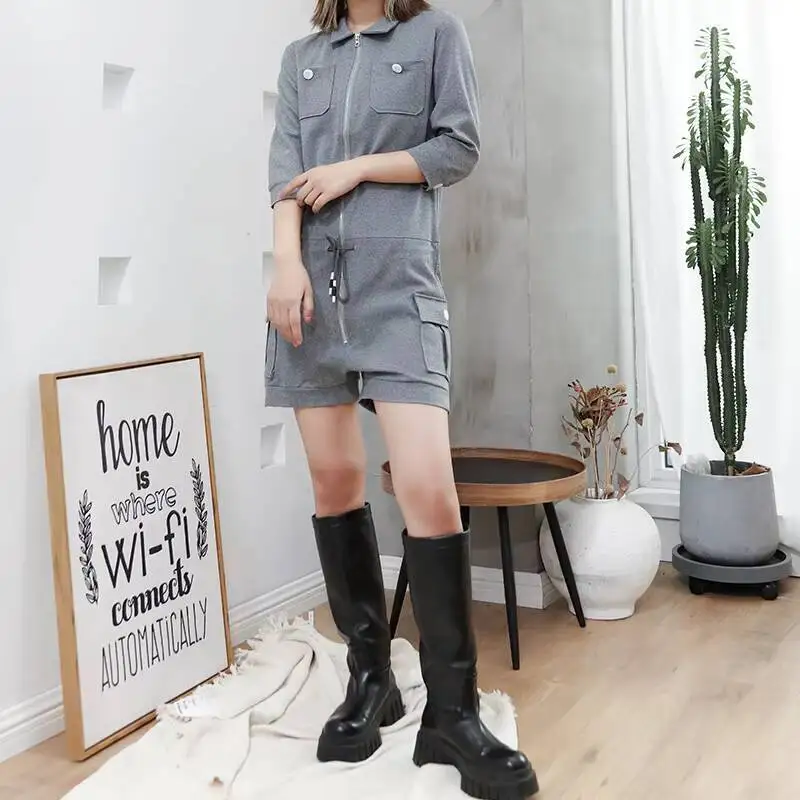 Ladies' One-Piece Shorts Summer New Fashion Leisure Sports Stretch Zipper Lapel Large Size One-Piece Shorts