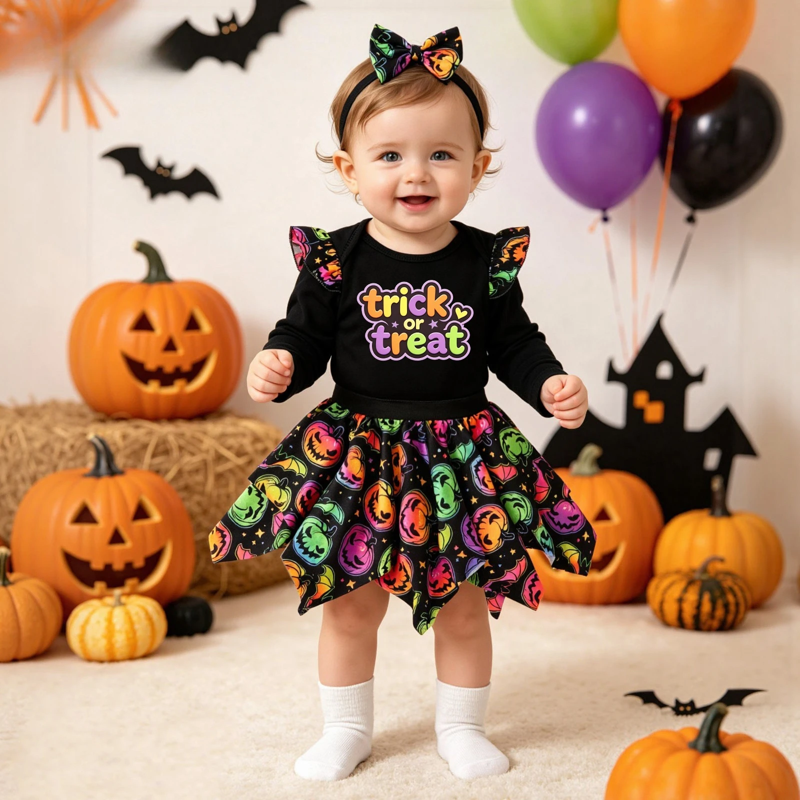 New Halloween Baby Girl Costume Skirt Set Color Pumpkin Print Long Sleeve Romper Bust 3-piece Set