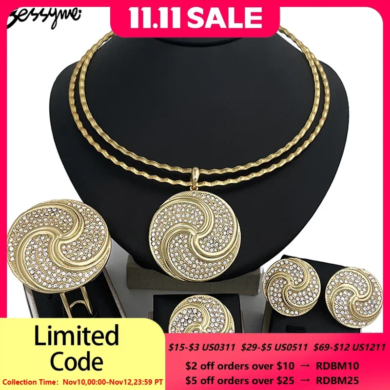 

Hight Quality Big Jewelry Set African Nigeria 18K Gold Plated Round Pendant Necklace Bracelet Zircon Earring Ring Wedding Gift