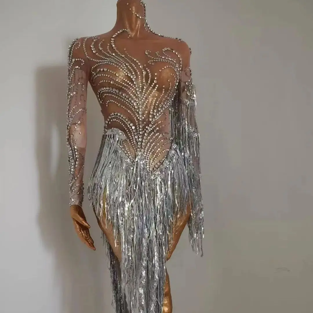 Robe à franges en diamant argenté à cheveux flottants, cocktail sexy européen et américain, robe de soirée, réunion annuelle, perspective