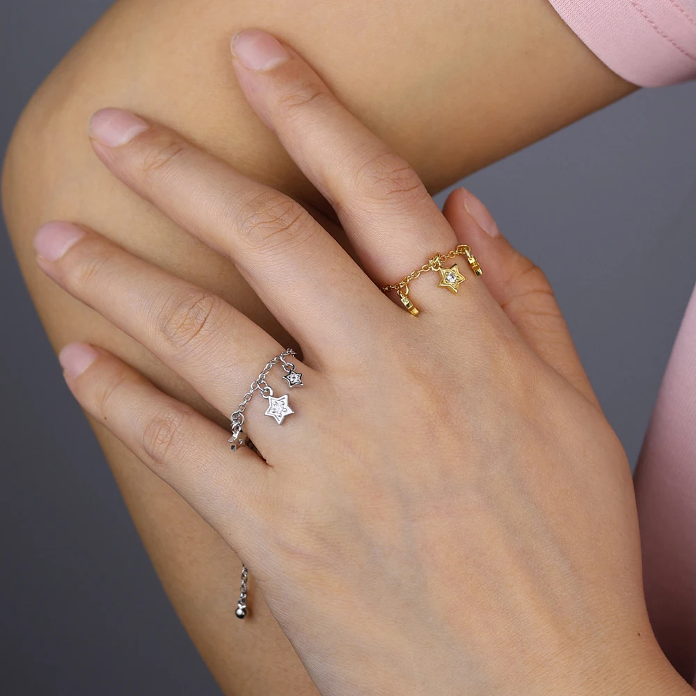 Ladies' adjustable star-shaped chain ring with sparkling zircon five-pointed star pendant, entwined ring, fashion jewelry gift