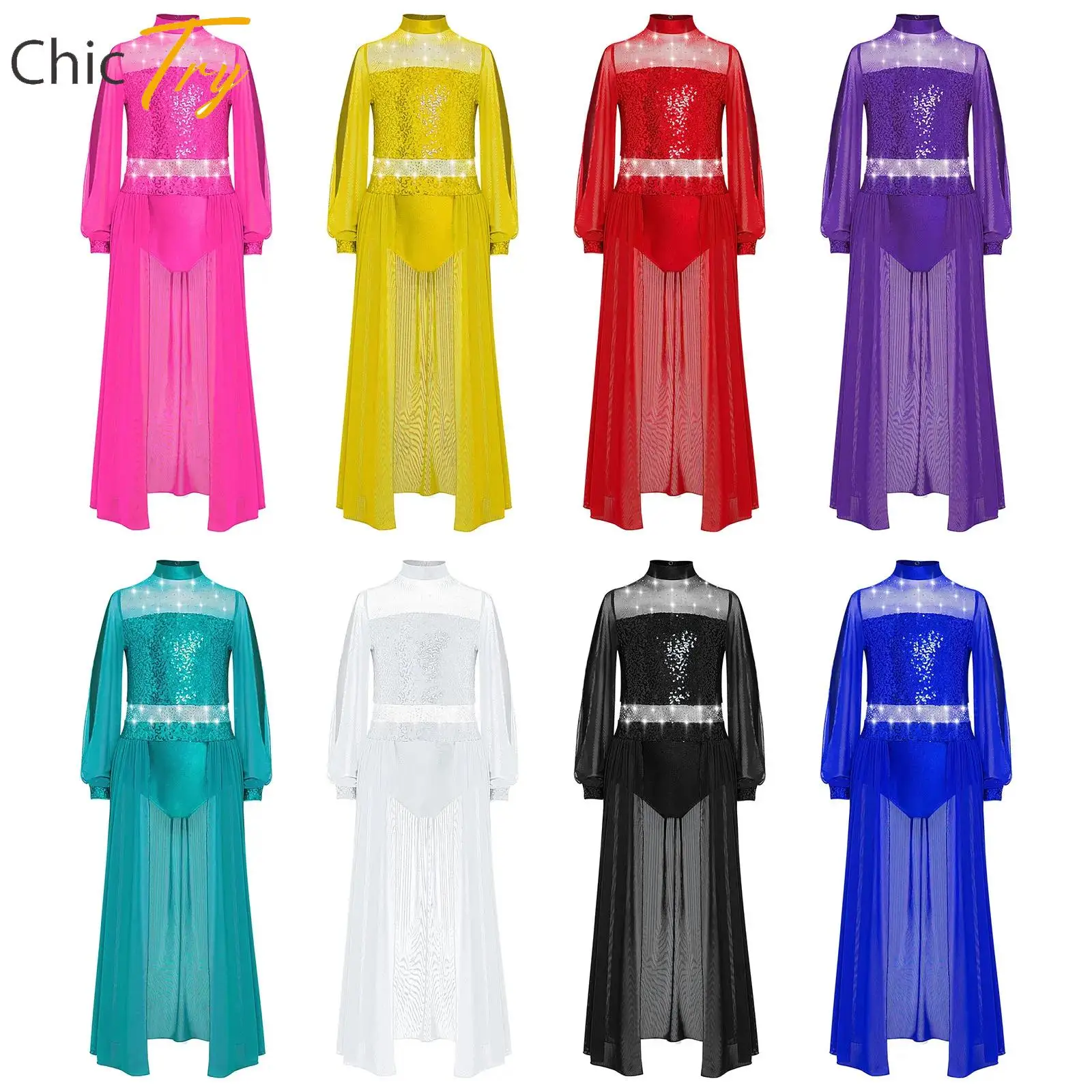 

New Kids Girls Lyrical Modern Dance Costume Split Long Sleeves Shiny Sequins Rhinestones Mesh Skirted Leotard Contemporary Dress