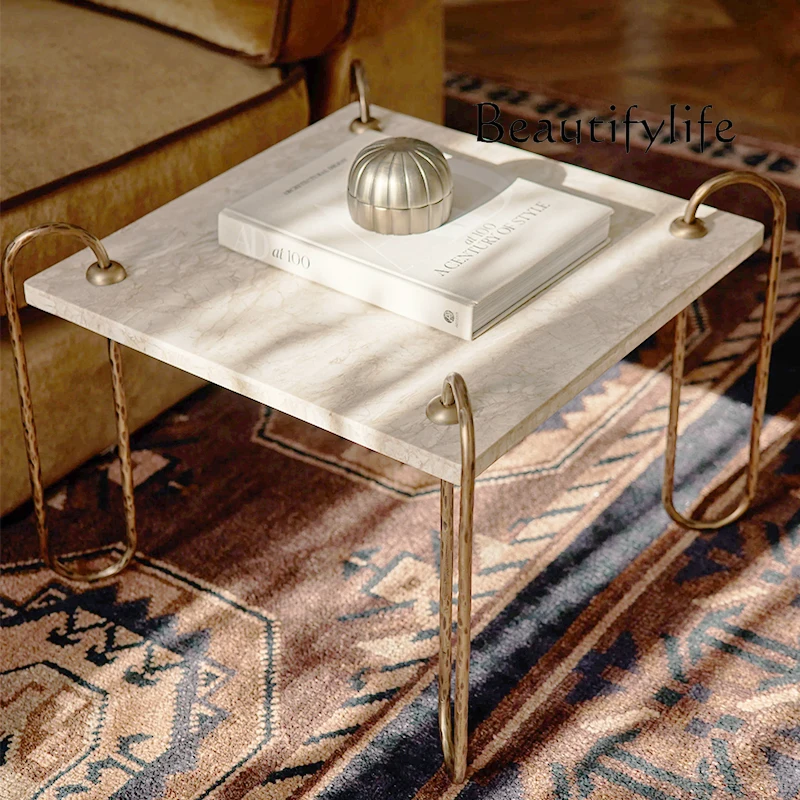 

Natural marble edge Italian light luxury home living room sofa corner removable wrought iron side table
