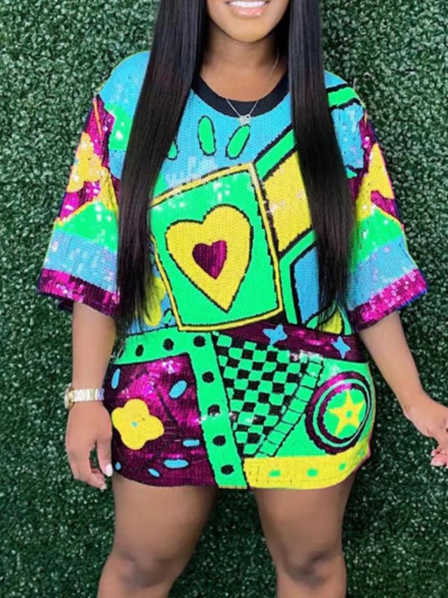 LW Multicolor Sequins Mini Dresses Heart Plaid Decor Sequin T-shirt Loose Dress Half Sleeve Color Block Party Night Clubwears