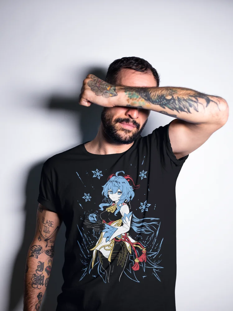 Anime Girl Kawaii Black Shirt Short Sleeve All Size Ganyu Genshin Impact T-shirt